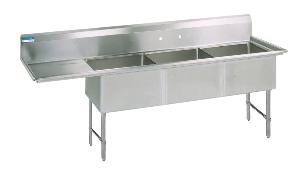 S/S 3 Compartments Sink 10" Riser Left Drainboard 18" x 18" x 14" D Bowls-cityfoodequipment.com