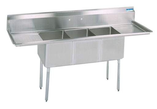 S/S 3 Compartments Sink w/ & Dual 18" Drainboards 18" x 18" x 14" D Bowls-cityfoodequipment.com