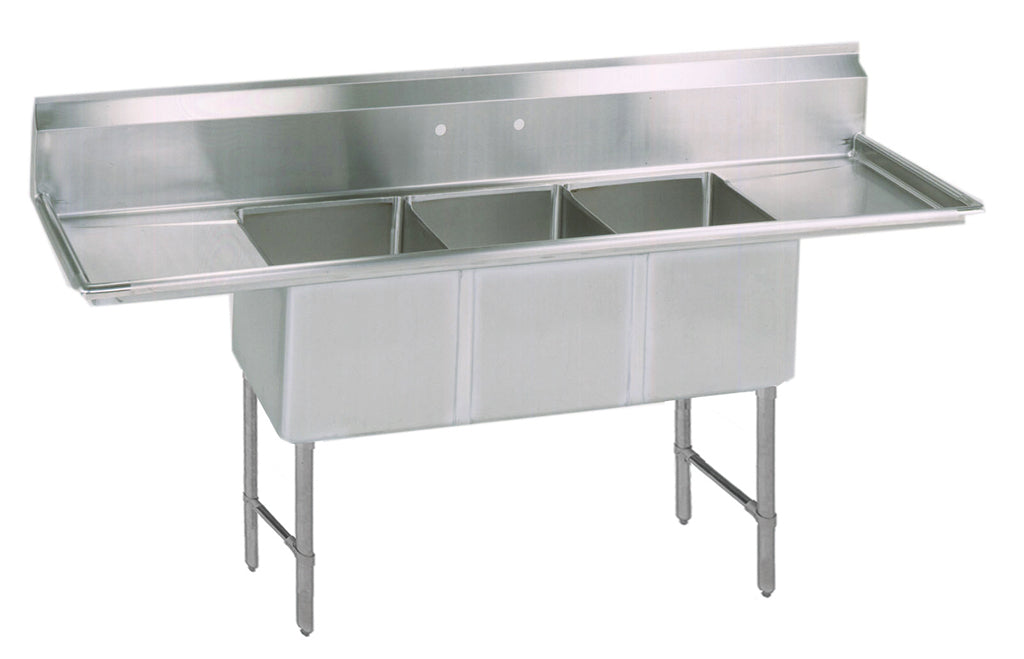 S/S 3 Compartments Sink w/ Dual 24" Drainboards 20" x 20" x 14" D Bowls-cityfoodequipment.com