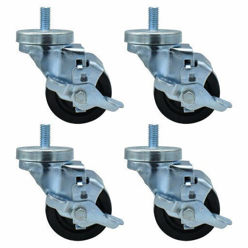 Set of (4) 3" Polyolefin Wheel 1/2"-13x1" Threaded Stem Swivel Casters With Top Lock Brake-cityfoodequipment.com