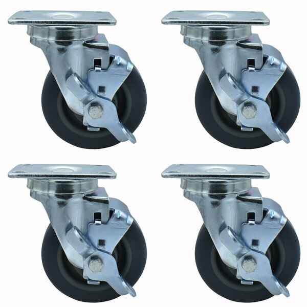 Set of (4) 4" Gray Rubber Wheel Swivel Caster With 2-3/8"X3-5/8" Top Plate With Top Lock Brake-cityfoodequipment.com