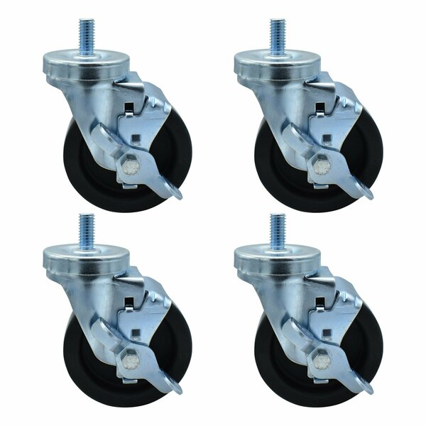 Set of (4) 5" Polyolefin Wheel 1/2"-13x1" Threaded Stem Swivel Casters With Top Lock Brake-cityfoodequipment.com