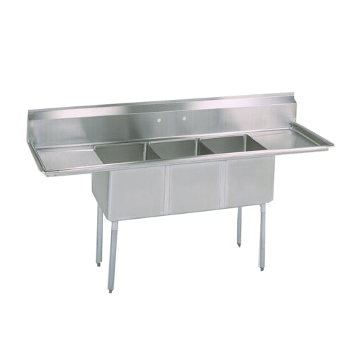 Stainless Steel 3 Compartments Sink w/ & Dual 18" Drainboards 20" x 20" x 12" D Bowls-cityfoodequipment.com