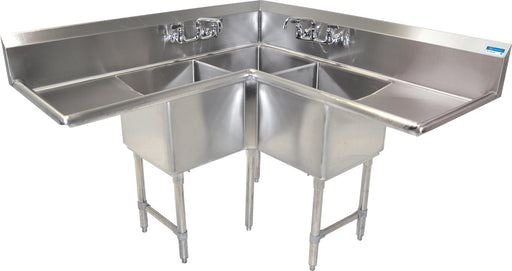 S/S 3 Compartments Corner Sink Dual 24" Drainboards 24" x 24" x 14" D-cityfoodequipment.com