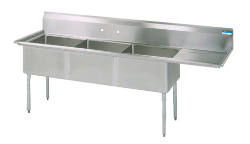 S/S 3 Compartments Sink w/ Right Drainboard 16" x 20" x 12" D Bowls-cityfoodequipment.com