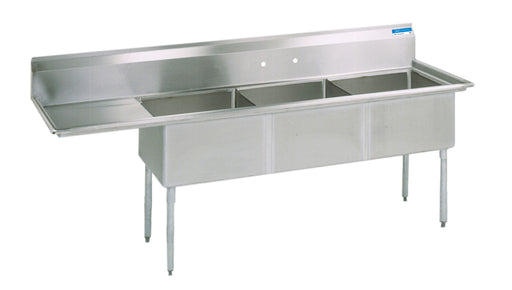 S/S 3 Compartments Sink w/ 24" Left Drainboard 18" x 24" x 14" D Bowls-cityfoodequipment.com