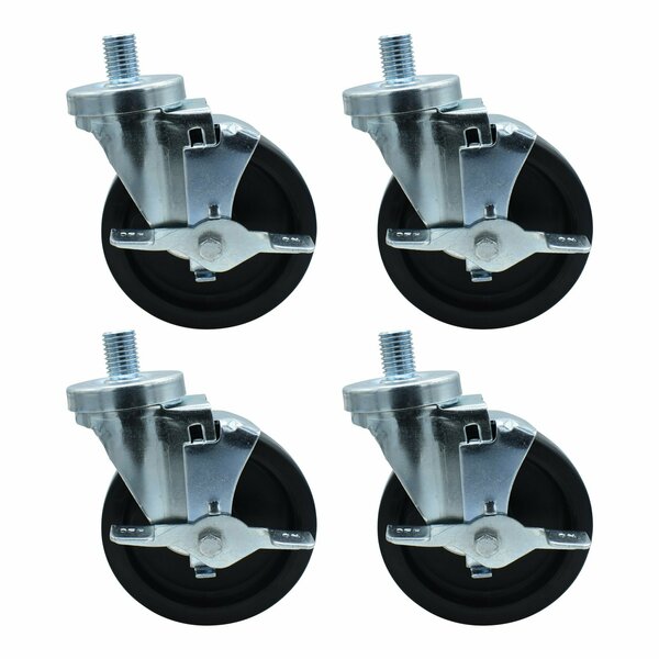 Set of (4) 5" Polyolefin Wheel 3/4"-10x1" Threaded Stem Swivel Casters With Top Lock Brake-cityfoodequipment.com