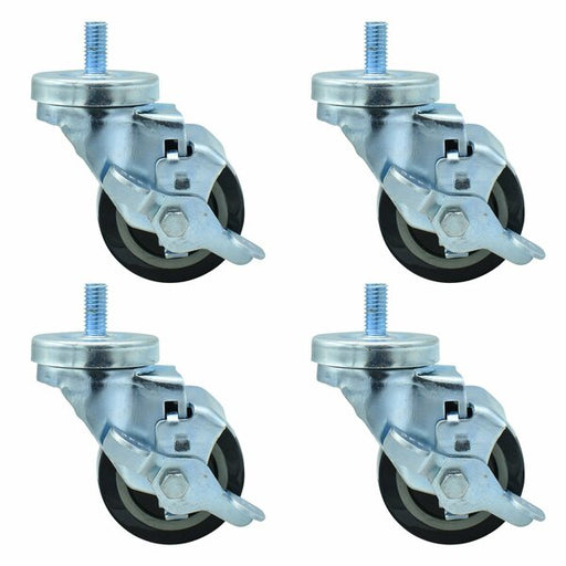 Set of (4) 3" Polyurethane Wheel 1/2"-13x1" Threaded Stem Swivel Casters With Top Lock Brake-cityfoodequipment.com