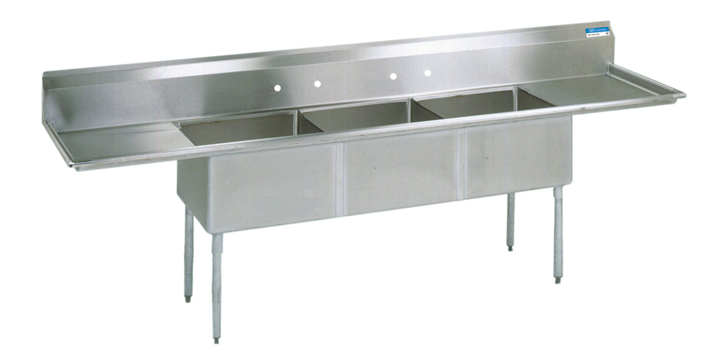 S/S 3 Compartments Sink w/ & Dual 24" Drainboards 24" x 24" x 14" D Bowls-cityfoodequipment.com