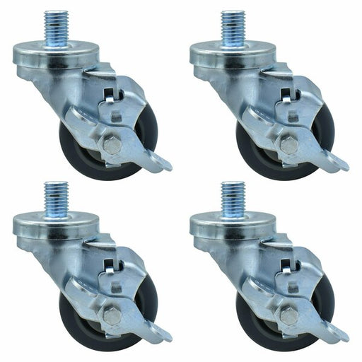 Set of (4) 3" Gray Rubber Wheel 3/4"-10x1" Threaded Stem Swivel Casters With Top Lock Brake-cityfoodequipment.com