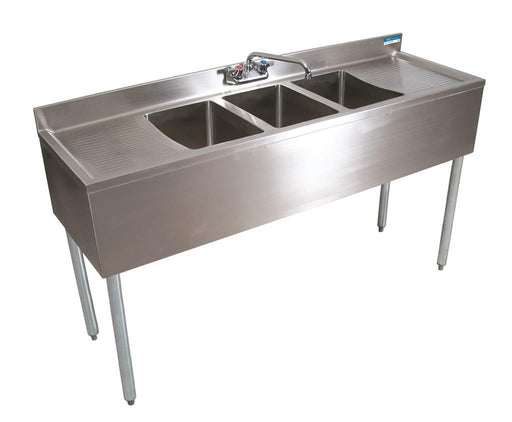 21"X60" S/S Underbar Sink w/ Legs 3 Compartment Two Drainboards and Faucet-cityfoodequipment.com