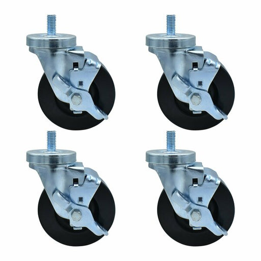 Set of (4) 4" Hard Rubber Wheel 1/2"-13x1" Threaded Stem Swivel Casters With Top Lock Brake-cityfoodequipment.com