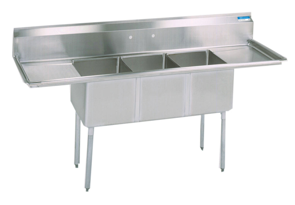 S/S 3 Compartments Sink w/ & Dual 24" Drainboards 20" x 20" x 14" D Bowls-cityfoodequipment.com