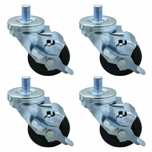 Set of (4) 3" Hard Rubber Wheel 3/4"-10x1" Threaded Stem Swivel Casters With Top Lock Brake-cityfoodequipment.com