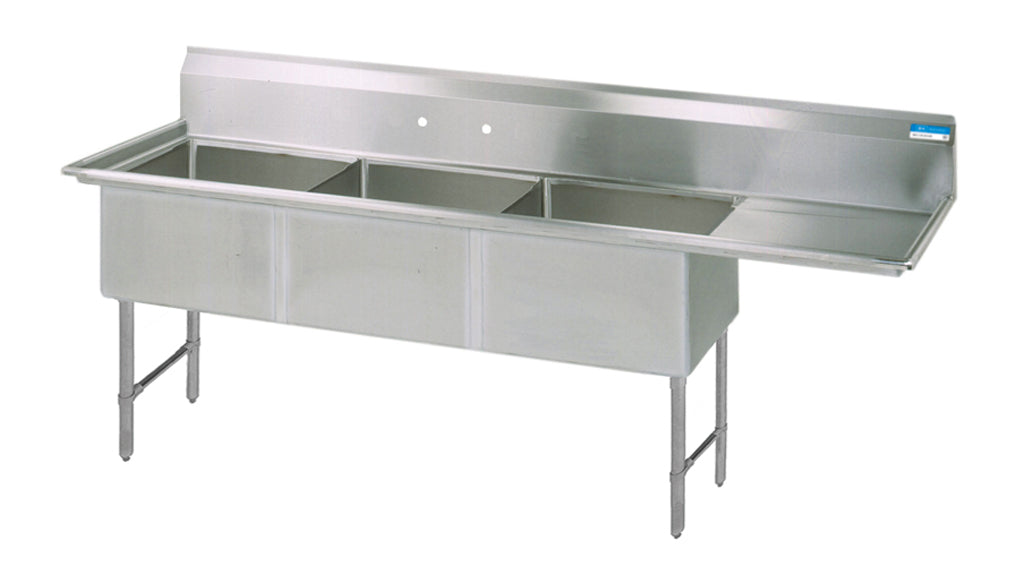 S/S 3 Compartments Sink w/ Right Drainboard 18" x 18" x 12" D Bowls-cityfoodequipment.com