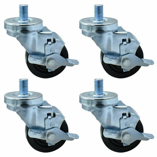 Set of (4) 3" Polyolefin Wheel 5/8"-13x1" Threaded Stem Swivel Casters With Top Lock Brake-cityfoodequipment.com