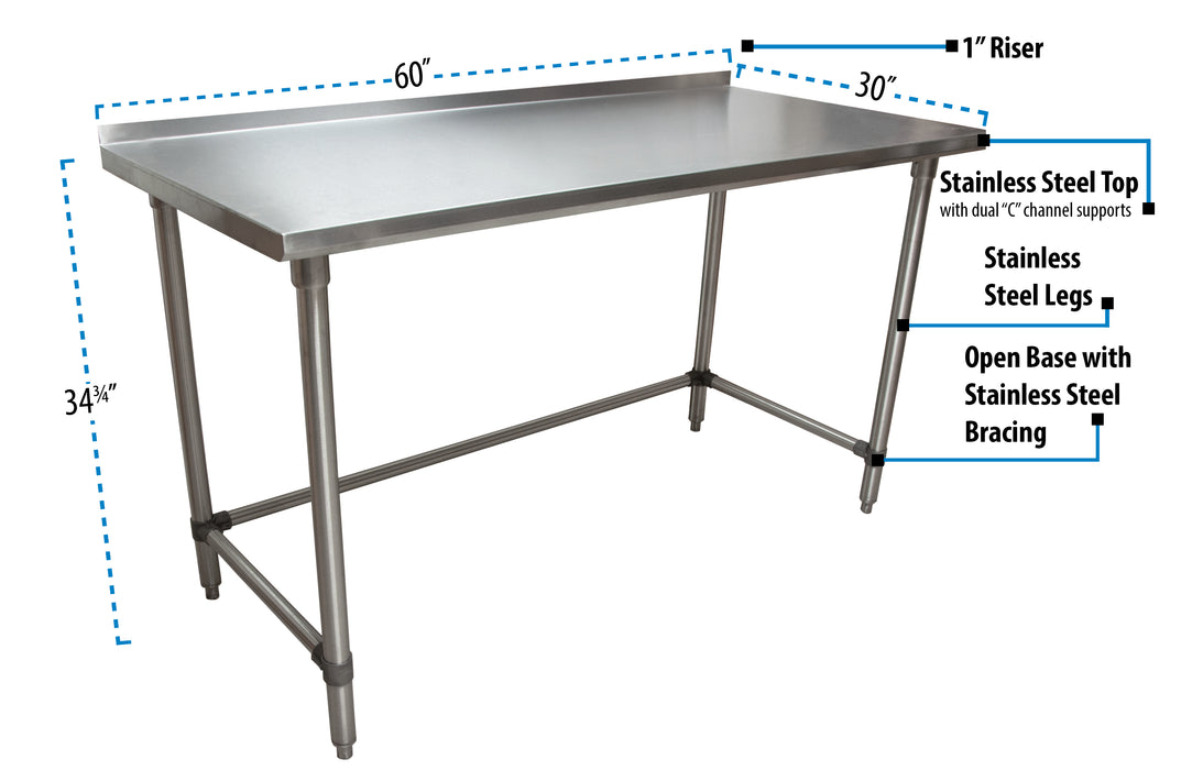 18 ga. S/S Work Table Open Base 1.5 Riser 60"Wx30"D-cityfoodequipment.com