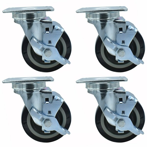 Set of (4) 4" Polyurethane Wheel Swivel Caster With 2-3/8"X3-5/8" Top Plate With Top Lock Brake-cityfoodequipment.com