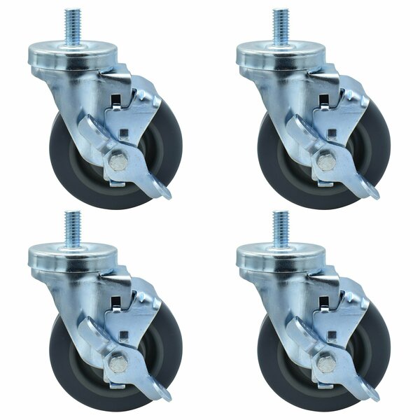 Set of (4) 4" Gray Rubber Wheel 1/2"-13x1" Threaded Stem Swivel Casters With Top Lock Brake-cityfoodequipment.com