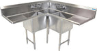 S/S 3 Compartments Corner Sink w/ Dual 18" Drainboards 18" x 18" x 14"-cityfoodequipment.com